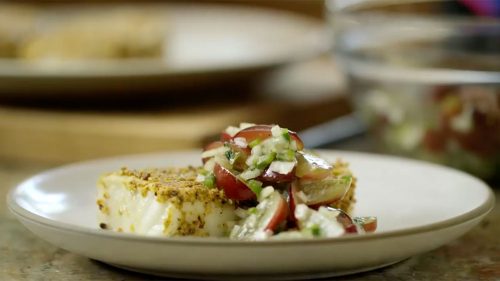 pistachio halibut with grapes